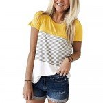 YunJey Short Sleeve Round Neck Triple Color Block Stripe T-Shirt Casual Blouse