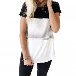 YunJey Short Sleeve Round Neck Triple Color Block Stripe T-Shirt Casual Blouse