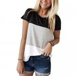 YunJey Short Sleeve Round Neck Triple Color Block Stripe T-Shirt Casual Blouse