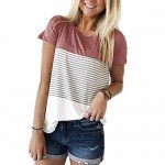 YunJey Short Sleeve Round Neck Triple Color Block Stripe T-Shirt Casual Blouse