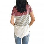 YunJey Short Sleeve Round Neck Triple Color Block Stripe T-Shirt Casual Blouse