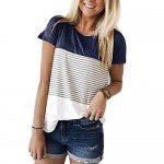 YunJey Short Sleeve Round Neck Triple Color Block Stripe T-Shirt Casual Blouse