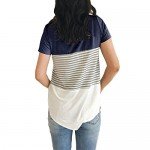 YunJey Short Sleeve Round Neck Triple Color Block Stripe T-Shirt Casual Blouse