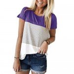 YunJey Short Sleeve Round Neck Triple Color Block Stripe T-Shirt Casual Blouse