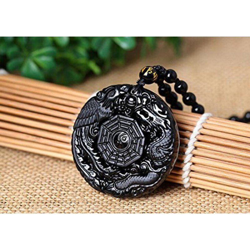 Natural Obsidian Dragon Phoenix pendant mascot